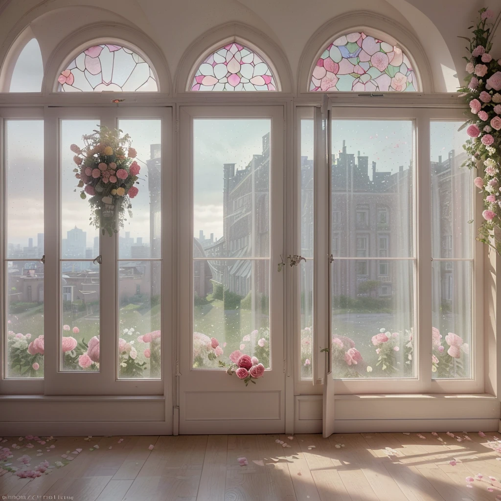 there is a room with a large window and a bunch of flowers, open window ib background, photo of a beautiful window, portal made of roses, beatiful backgrounds, beautiful and aesthetic, the window is open, beautiful scenic view, floral environment, open window, unreal engine ; romantic theme, beautiful aesthetic design, window and city background, beautiful render of a fairytale