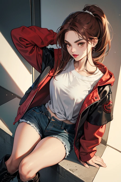 Vivica is a slender teenage girl of average height. She has light red lipstick, dark brown eyes, thick dark brown eyebrows, and very deep reddish-brown hair with bangs that covers a bit of her right eye and face, which is also tied in a low ponytail. She has a mole on her right cheek below her eye and also wears braces.

In her civilian attire, she wears a reddish brownish black t-shirt with red letters underneath a grayish malachite green jacket hoodie. She also sports blue jeans and knee-length black and white platform soled boots. SPARKLE; GLITTER;