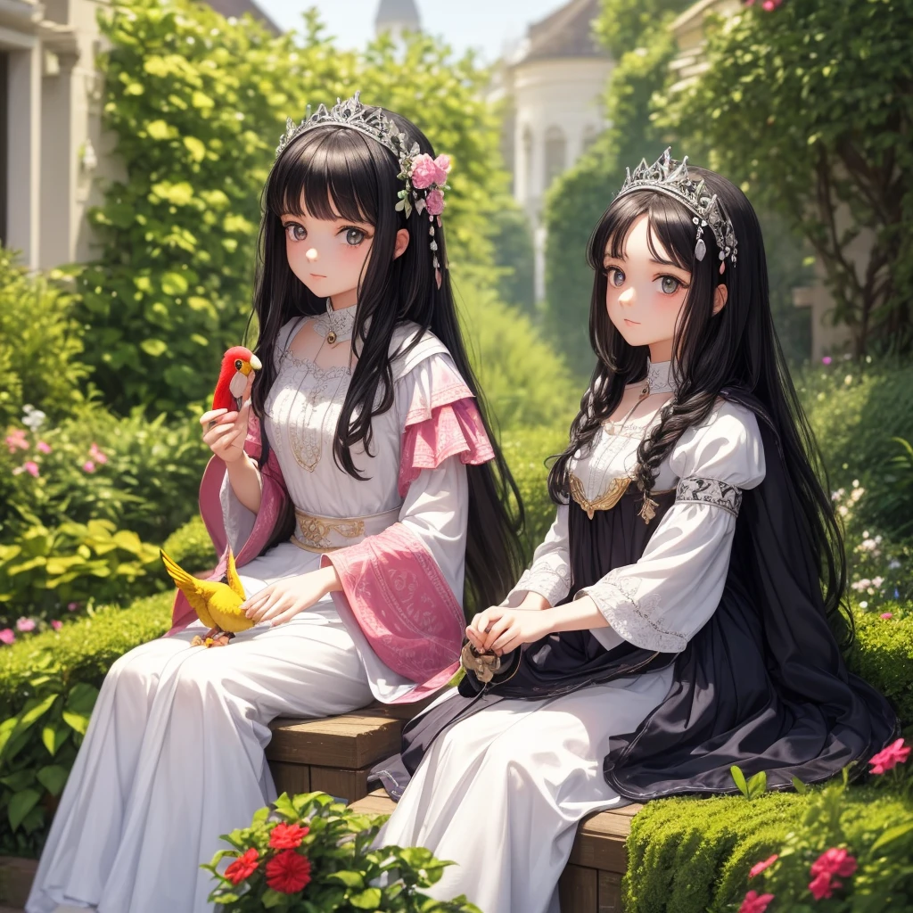 My daughter is alone in the picture A beautiful princess with black hair, hazel eyes, and white skin. She is sitting in the garden, wearing beautiful clothes, and holding a parrot in her hand A girl alone, high quality photo
