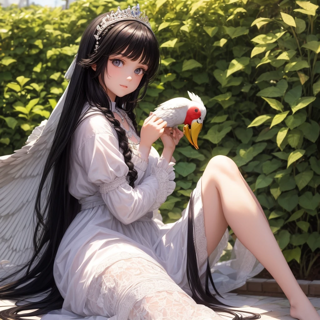 My daughter is alone in the picture A beautiful princess with black hair, hazel eyes, and white skin. She is sitting in the garden, wearing beautiful clothes, and holding a parrot in her hand A girl alone, high quality photo