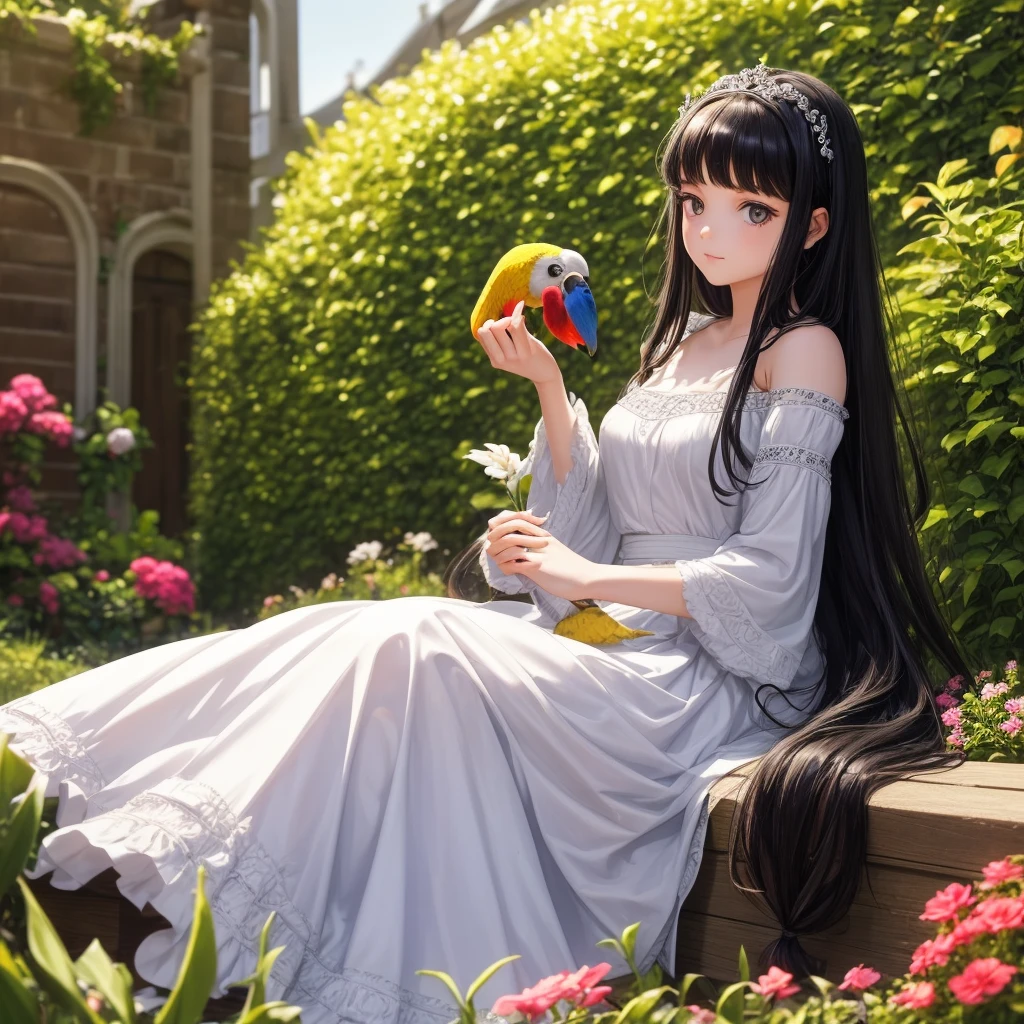My daughter is alone in the picture A beautiful princess with black hair, hazel eyes, and white skin. She is sitting in the garden, wearing beautiful clothes, and holding a parrot in her hand A girl alone, high quality photo