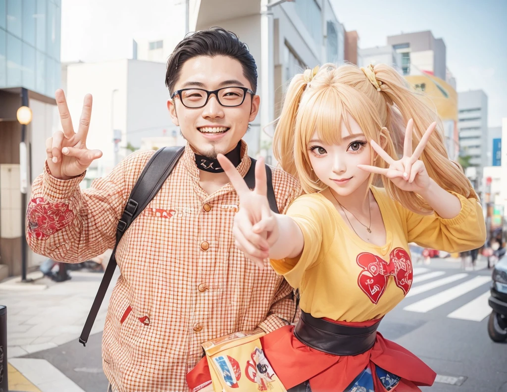 Japanese otaku and gal making peace sign Lovers　Good relationship　Date