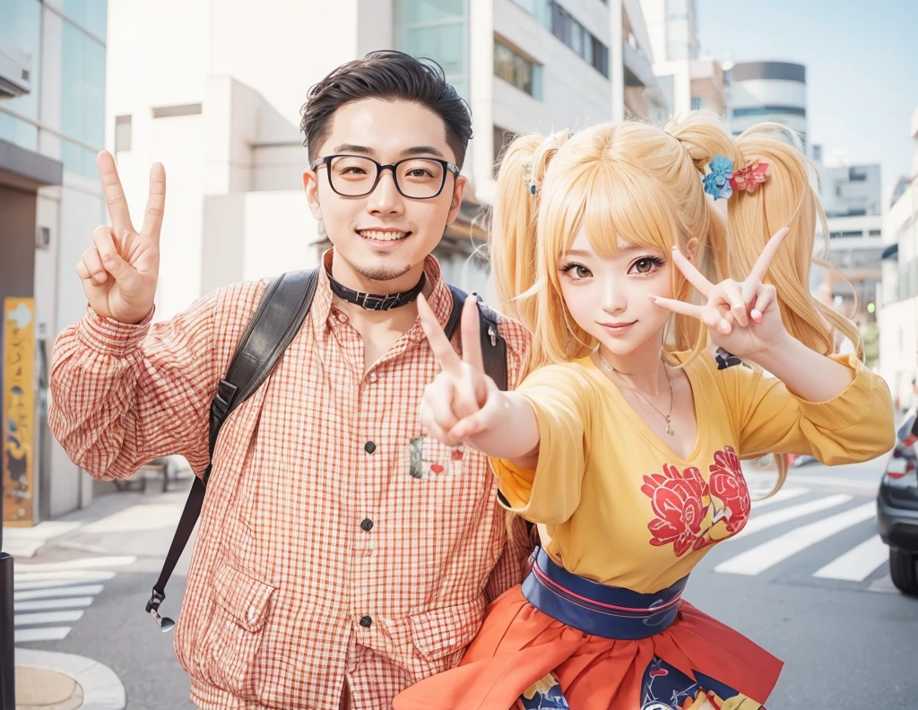 Japanese otaku and gal making peace sign Lovers　Good relationship　Date
