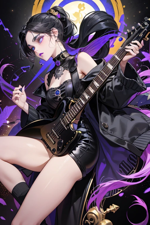 As Desperada, she looked like a skeleton from Día de los Muertos with light gray skin, violetish black hair that half covered her right eye and face which was also tied into a low ponytail, black eyeshadow, deep blue-violet lipstick, and two black musical notes shaped eyebrows and two more musical notes that were on both sides of her cheeks and hands. Her nose is painted with very dark cornflower blue skin paint, and her eyes had dark purple sclerae, moderate amber irises and small, round black pupils. She wore a black Traje/Mariachi jacket with pointed shoulders and gold bones details on the chuffs, underneath a yellow t-shirt with swan-necked collar and a logo (white circle with black outline and a musical note on the top, and 3 black bones on the right, left and bottom), on her chest and neck. She also wore black pants with gold long bone designs on side of the legs, and gold high heel shoes that were connected to them. She also had black star-shaped guitar case on her back. SPARKLE; GLITTER;