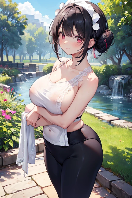 masterpiece、1 female student、(((Missing arm，Bare arms，Towel wrap)))White cloth bun、Shoulder leakage、chubby、Smile、(((Lace、black yoga pants)))pale pink lips、posing at school，（Soaked），legs are open， 独奏,  looking at the audience,  (Thick thighs:1.0),Red eyes, Blushed,blunt hair,flower headdress，lawn，hands on hips，creek，black hair，Smile with teeth showing，short hair，garden，(((Side milk is visible，)))，(((Chest visible from the side，Big breasts，Showing side chest，Exposed side chest)))，clear and bright eyes，((((stand at attention，From the front))))，