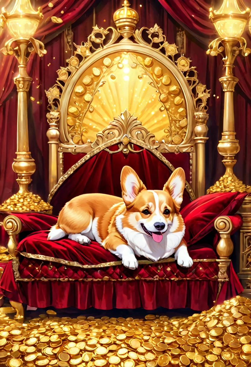 A corgi sleeping on a golden bed, a crown, a wine red velvet king's clothes, a soft canopy, a gentle expression, a smile, surrounded by gold coins, full of money, piled up with gold coins, a gorgeous room like a palace, fine particles of light