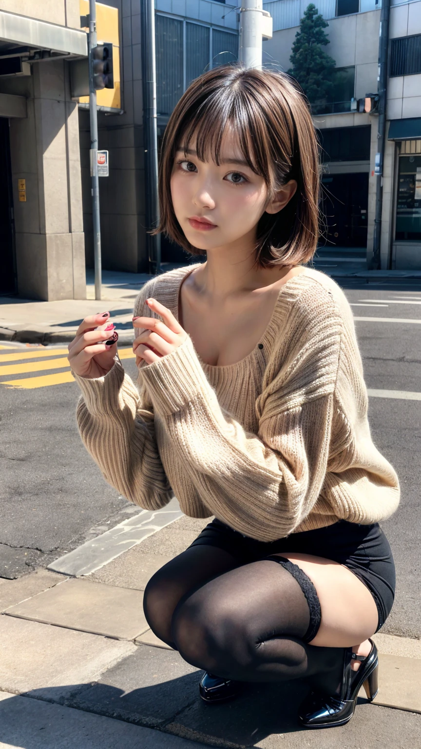 Photo taken by a professional photographer，Close-up of a woman squatting on the sidewalk with her legs crossed, kiko mizuhara, wearing a sweater, Shirahime cut brown hair, wearing a sweater, young and cute girl, japanese model, 白いwearing a sweater, Chiho, ランダムカラーのカジュアルなwearing a sweater,Cute ide waves with short hair, a cute young woman, cute young woman, black pantyhose，black tights，black high heels，