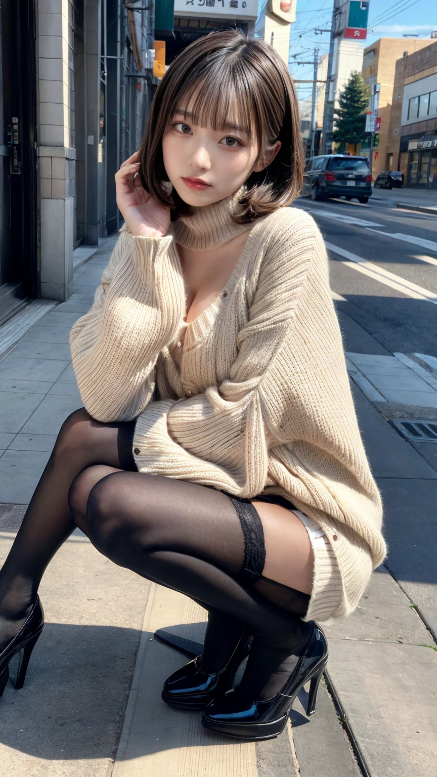 Photo taken by a professional photographer,Close-up of a woman squatting on the sidewalk with her legs crossed, kiko mizuhara, wearing a sweater, Shirahime cut brown hair, wearing a sweater, young and cute girl, japanese model, 白いwearing a sweater, Chiho, ランダムカラーのカジュアルなwearing a sweater,Cute ide waves with short hair, a cute young woman, cute young woman, black pantyhose,black tights,black high heels,