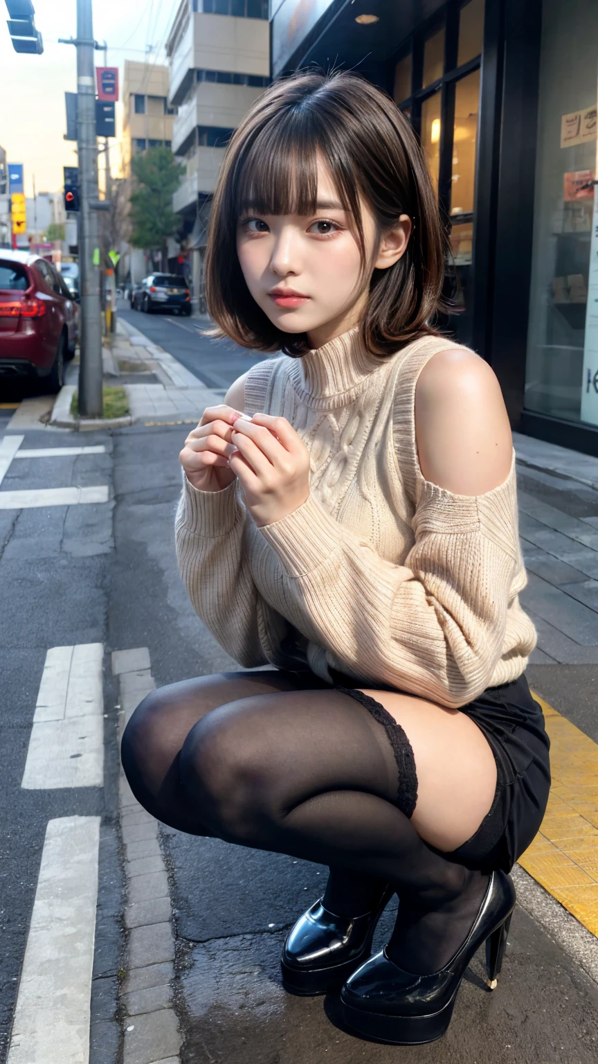 Photo taken by a professional photographer，Close-up of a woman squatting on the sidewalk with her legs crossed, kiko mizuhara, wearing a sweater, Shirahime cut brown hair, wearing a sweater, young and cute girl, japanese model, 白いwearing a sweater, Chiho, ランダムカラーのカジュアルなwearing a sweater,Cute ide waves with short hair, a cute young woman, cute young woman, black pantyhose，black tights，black high heels，