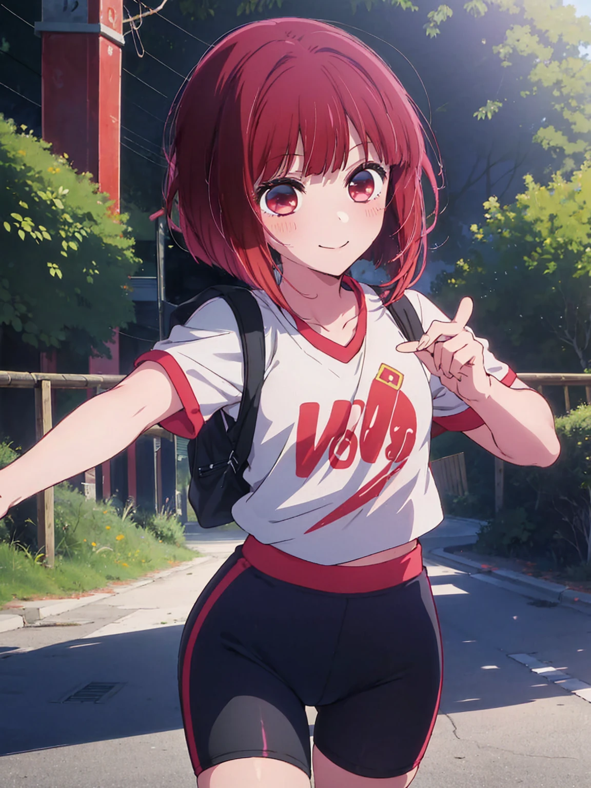 1 girl, solo, Red hair and red eyes, close-up Iwakura Lane, anime visuals of cute girls, anime best girl, anime girl named Lucy, Iwakura Lane, anime moe art style,smile, short sleeve cycling jersey, half cycling pants, mountain road, cowboy shot,sporty fashion