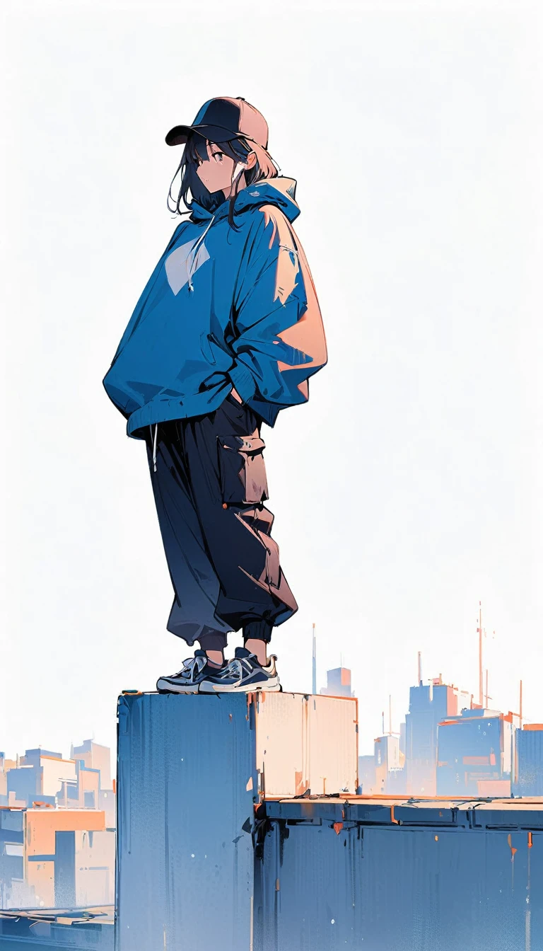 (masterpiece, best quality:1.2), 1 girl, alone, baggy jumper, short, On the roof of a very tall building, full body, simple background, simple background,
