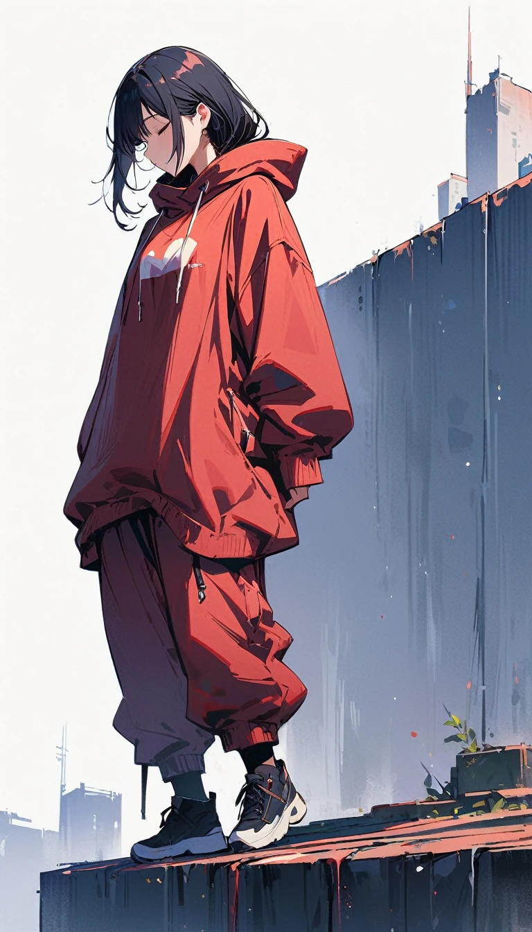 (masterpiece, best quality:1.2), 1 girl, alone, baggy jumper, short, On the roof of a very tall building, full body, simple background, simple background,