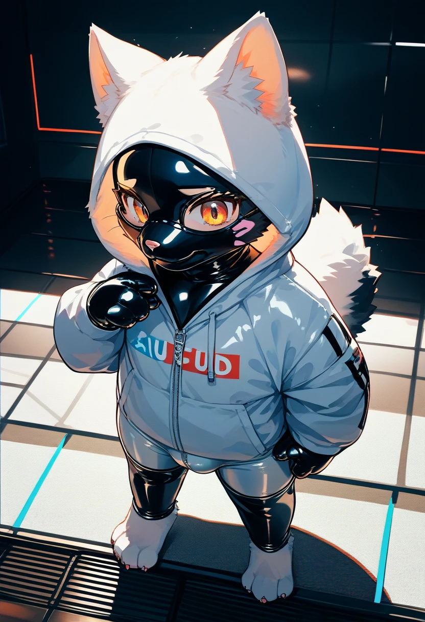 Highest quality, Highest quality, High quality illustrations, masterpiece, Ultra-high resolution, Detailed Background, Games Room, Absurd, Perfect Anatomy, performance, Good lighting, Shadows in the movies(kemono, Furry PersonifiCation), Cat, Dark Skin, Rubber suit, Rubber suit, latex, neon, neonライト, neonカラー, Rubber spats, White rubber hoodie,  Rubber mask, ribbon, Embarrassing, Null bulge, male, juvenile, from above