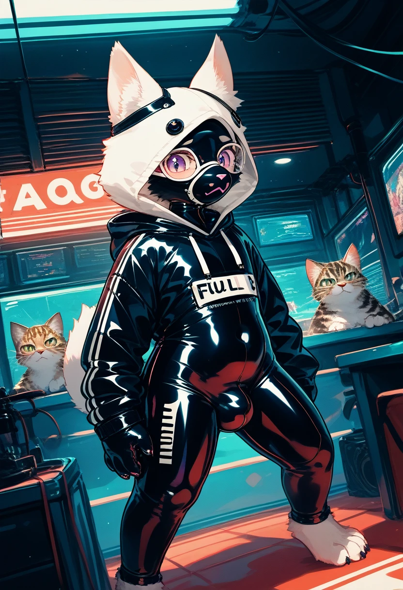 Highest quality, Highest quality, High quality illustrations, masterpiece, Ultra-high resolution, Detailed Background, Games Room, Absurd, Perfect Anatomy, performance, Good lighting, Shadows in the movies(kemono, Furry PersonifiCation), Cat, Dark Skin, Rubber suit, Rubber suit, latex, neon, neonライト, neonカラー, Rubber spats, White rubber hoodie,  Rubber mask, ribbon, Embarrassing, Null bulge, male, juvenile, from above