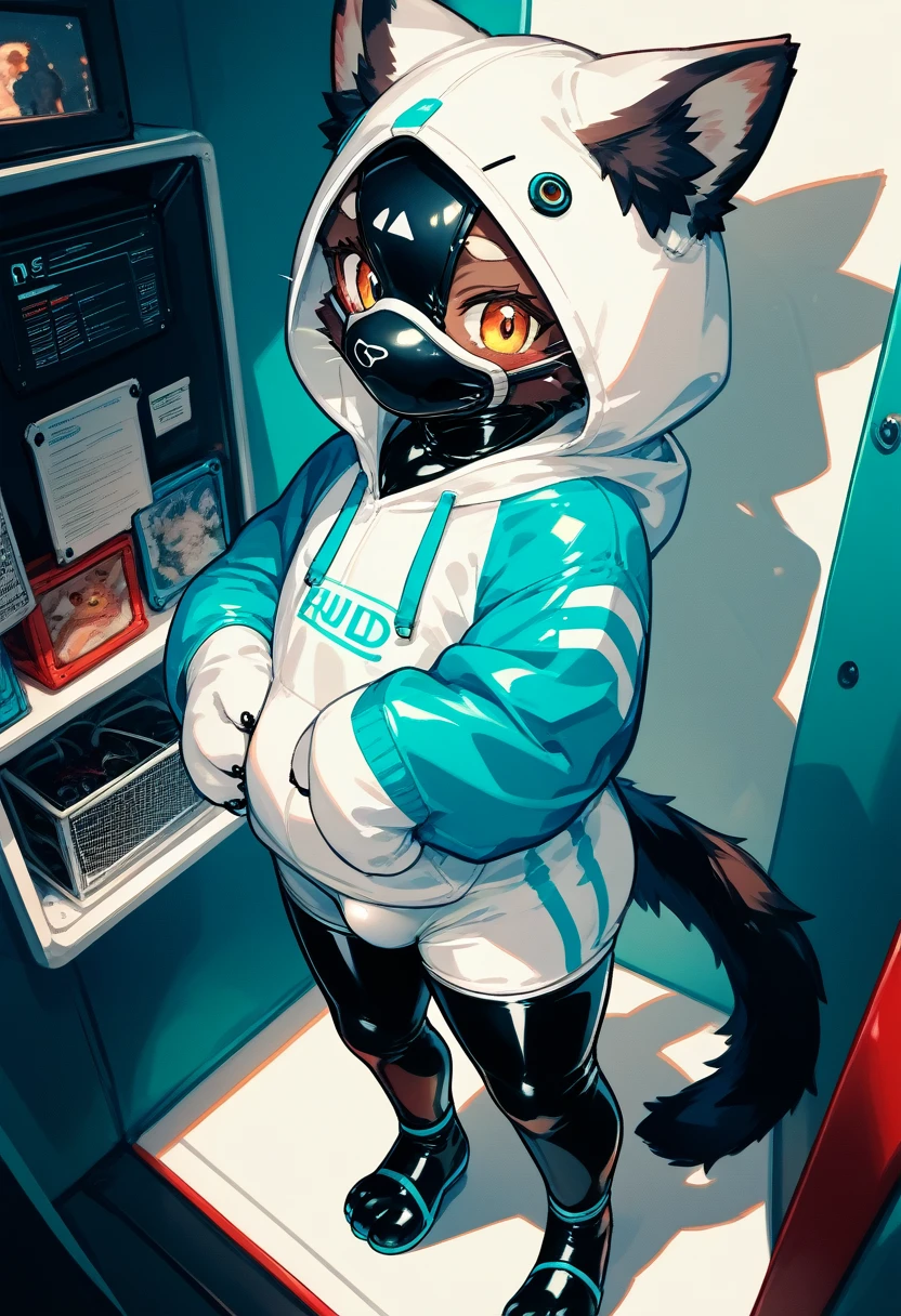 Highest quality, Highest quality, High quality illustrations, masterpiece, Ultra-high resolution, Detailed Background, Games Room, Absurd, Perfect Anatomy, performance, Good lighting, Shadows in the movies(kemono, Furry PersonifiCation), Cat, Dark Skin, Rubber suit, Rubber suit, latex, neon, neonライト, neonカラー, Rubber spats, White rubber hoodie,  Rubber mask, ribbon, Embarrassing, Null bulge, male, juvenile, from above