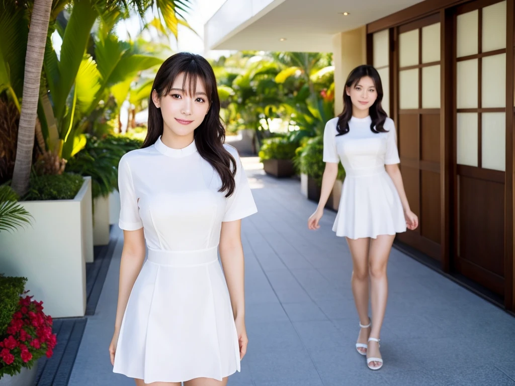 A live-action photo shoot of a very beautiful Japanese high school girl race queen highlighting her large breasts and beautiful legs at the entrance of a five-star resort hotel in Hawaii.、Wearing outfits prepared by top stylists, labia photos are taken、She is an eternal idol who combines a clean look with modern charm.。 She creates such beauty。 She feels her own warmth。 She creates a warm atmosphere。 We create beauty。 That&#39;s what I want to say。 In her full body photo、The figure features porcelain-like skin and golden hair that radiates a soft glow.。 This is probably、It captured the essence of her timeless charm.、This is the best shot ever.。 Each straight line and curve is carefully expressed.、Breathtakingly beautiful with impeccable detail。 This piece perfectly captures her timeless beauty.。 Divine Proportions、Sharp focus、Full-body photo taken by Kishin Shinoyama、high quality、High resolution、Detailed Background
