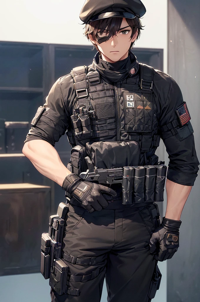 (masterpiece; best quality: 1.2), (finely detailed eyes: 1.3), ((25 year old man)), ((solo)), (black eyes: 1.4), (body; muscular, fit, masculine: 1.3), (short brown hair: 1.3), (beautiful and clear background: 1.2), ((depth of field)), (equipment: spec ops full black tactical combat-ready gear + black gloves + black baseball cap + holstered gun + pouches: 1.3), (anime illustration: 1.2), (background composition; military base office: 1.1), (extremely fine and handsome: 1.1), (shot composition; standing + centered on torso + close-up: 1.5), (expression; calm, stoic: 1.2)