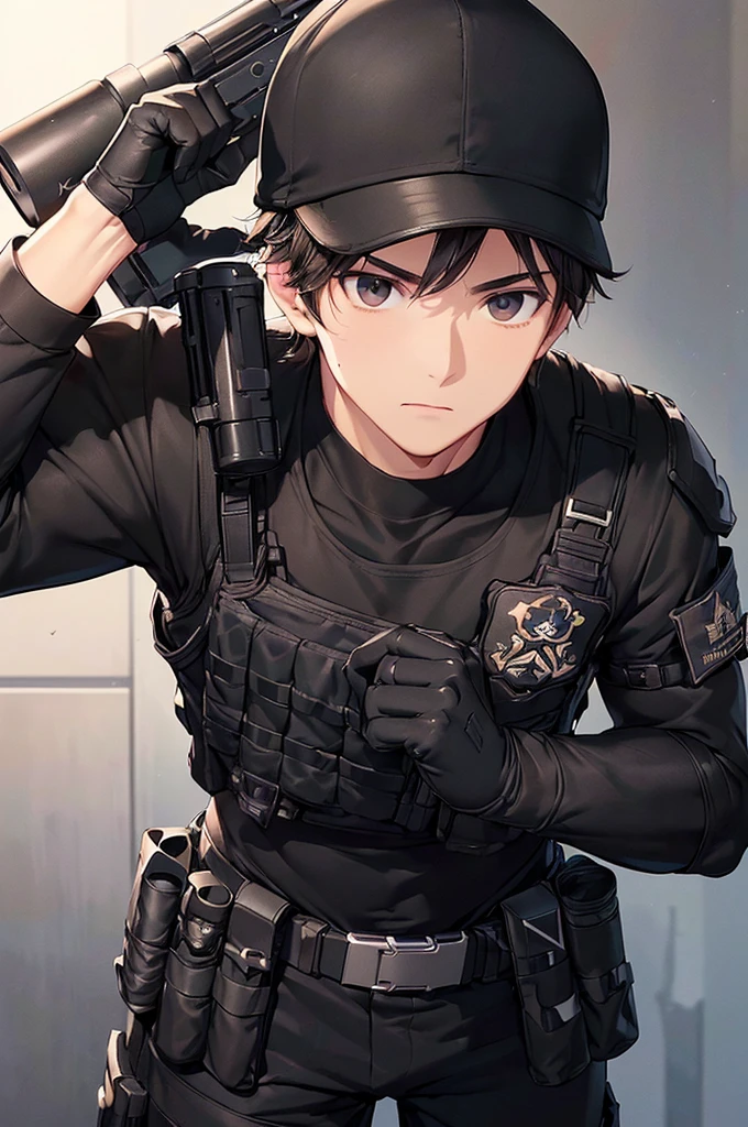 (masterpiece; best quality: 1.2), (finely detailed eyes: 1.3), ((25 year old man)), ((solo)), (black eyes: 1.4), (body; muscular, fit, masculine: 1.3), (short brown hair: 1.3), (beautiful and clear background: 1.2), ((depth of field)), (equipment: spec ops full black tactical combat-ready gear + black gloves + black baseball cap + holstered gun + pouches: 1.3), (anime illustration: 1.2), (background composition; military base office: 1.1), (extremely fine and handsome: 1.1), (shot composition; standing + centered on torso + close-up: 1.5), (expression; calm, stoic: 1.2)