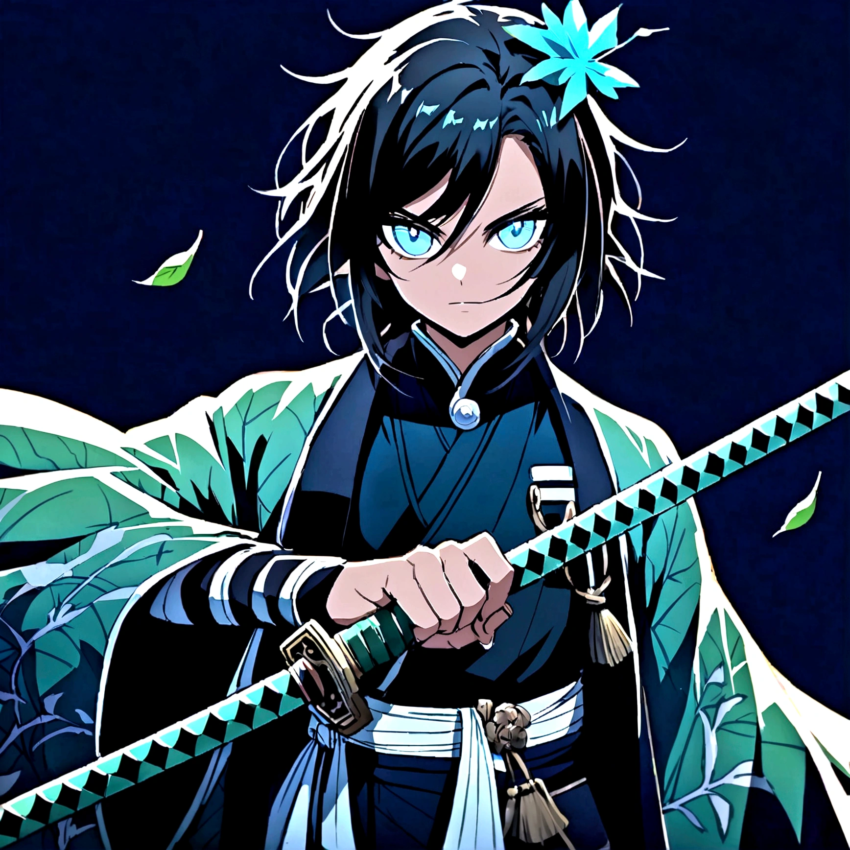 create a demon slayer style character with dark skin and blue eyes, black hair with blue and a green haori with leaf designs and a green katana, whole body