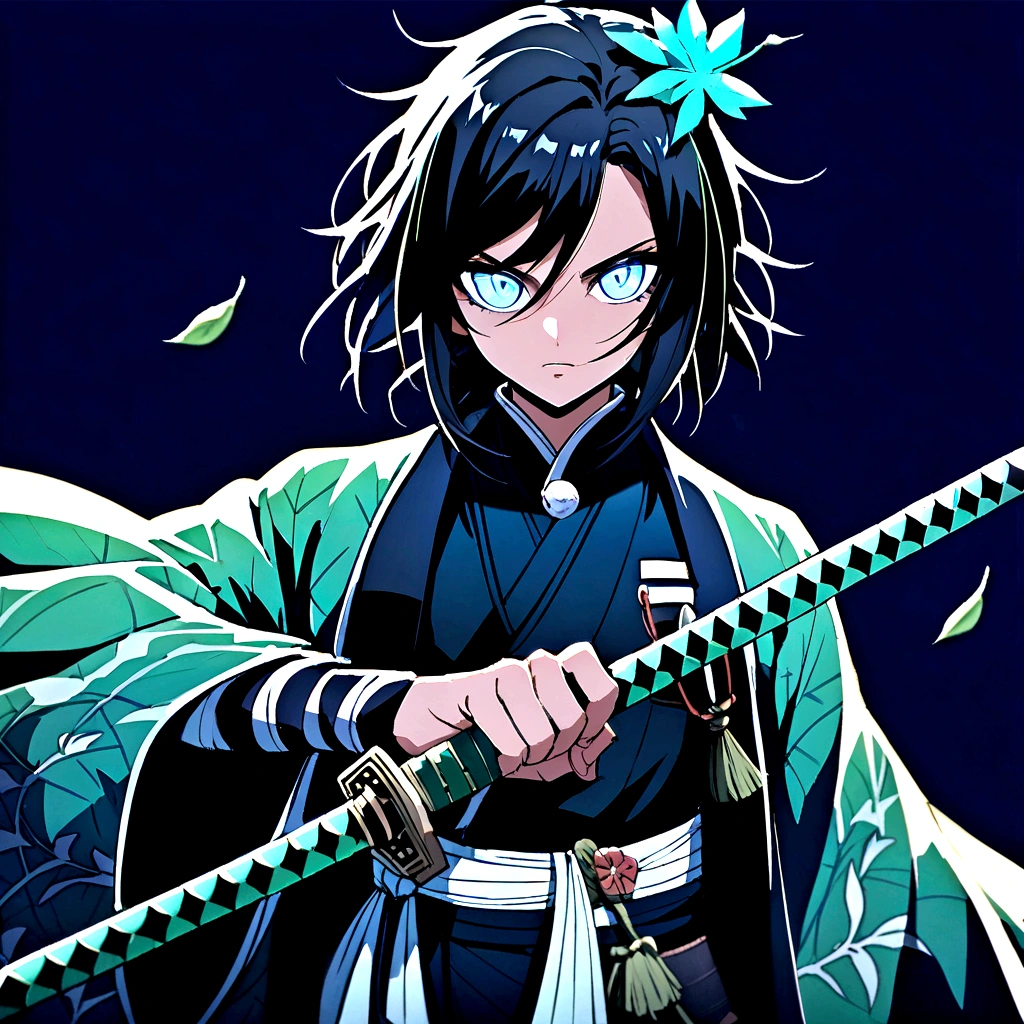 create a demon slayer style character with dark skin and blue eyes, black hair with blue and a green haori with leaf designs and a green katana, whole body 