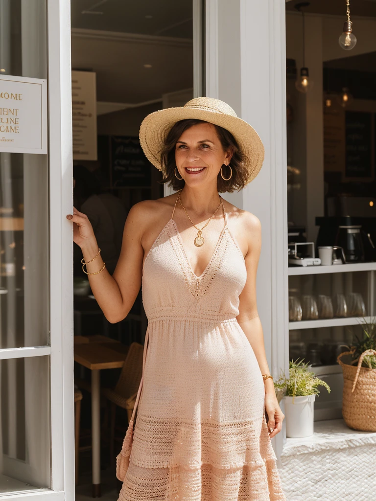 1 girl, photorealistic, realistic, her name is Elise, middle age, a 45-year-old woman with gray hair, body of 45-year-old woman, wrinkles on her face and body, Alpine woman, ((dark brown hair, short hair))), smiling, (((she is in her floor length crochet dress. It is made in super soft bright pink yarn. The dress has a halter-neck Accessories include a wide-brimmed straw hat, adding both glamour and practicality under the sun. Her look is completed with delicate gold jewelry, such as layered necklaces and hoop earrings, which catch the sunlight streaming through the coffee shop’s windows. A woven tote bag sits beside her))), (((dynamic pose))), ((( she is seductively standing inside a coffee shop near the beach exudes a relaxed yet chic vibe, perfectly blending comfort with style)))