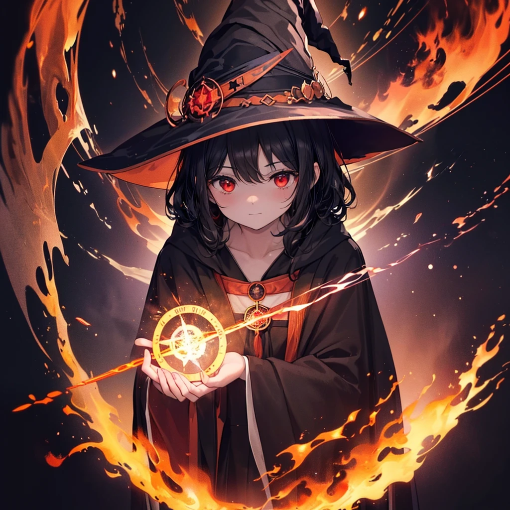 ((((witch　Lock))))　(((wand of flame　grimoire)))　((Black Hair　witchの帽子　Red eyes　smile　Looking down))　((explosion　fire))　(Magic Robe　Black Hole　despair　tears)　incantation　Runes　Shining Background　Shining Edge