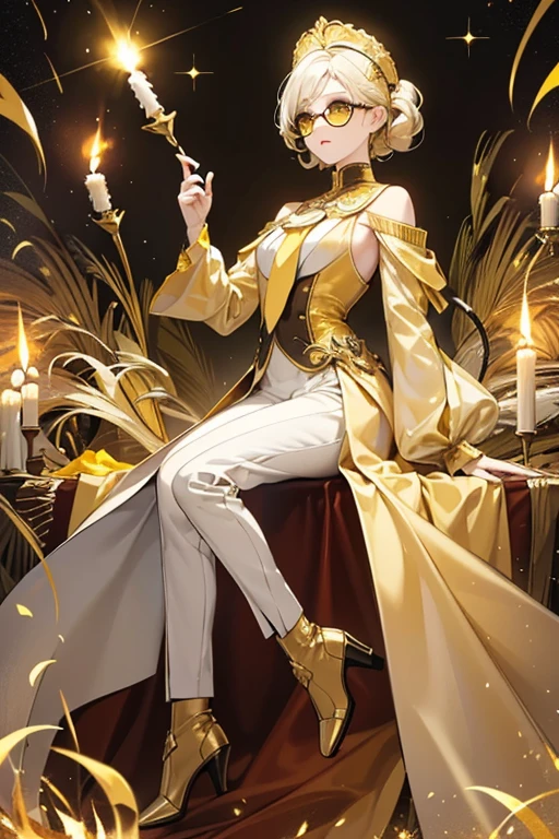 She had pale yellow skin and light yellow hair that curled upward into a candle with a wick on top of it. Her eyes were brilliant yellow with vivid orange sclerae, and they were shaded by light yellow sunglasses with triangular lenses with fake melted candle wax droppings. She wore a dark gold blouse with a light gold tie, underneath a vivid gold dress jacket with small oval shaped shoulder pads, white ovals with gold outlines, a light goldish gray collar with brilliant yellow lining, and fake melted wax features on her shoulders and lower arms, and medium sized coattails. She also wore vivid gold dress pants with round legs, and matching medium heeled boots. SPARKLE; GLITTER;
