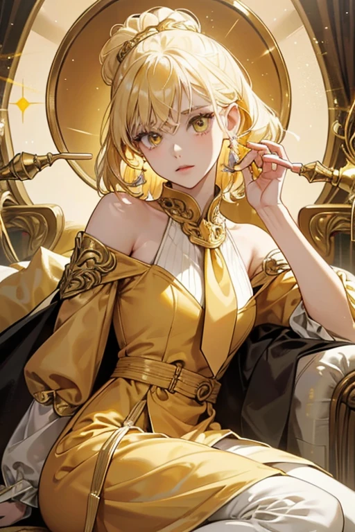She had pale yellow skin and light yellow hair that curled upward into a candle with a wick on top of it. Her eyes were brilliant yellow with vivid orange sclerae, and they were shaded by light yellow sunglasses with triangular lenses with fake melted candle wax droppings. She wore a dark gold blouse with a light gold tie, underneath a vivid gold dress jacket with small oval shaped shoulder pads, white ovals with gold outlines, a light goldish gray collar with brilliant yellow lining, and fake melted wax features on her shoulders and lower arms, and medium sized coattails. She also wore vivid gold dress pants with round legs, and matching medium heeled boots. SPARKLE; GLITTER;