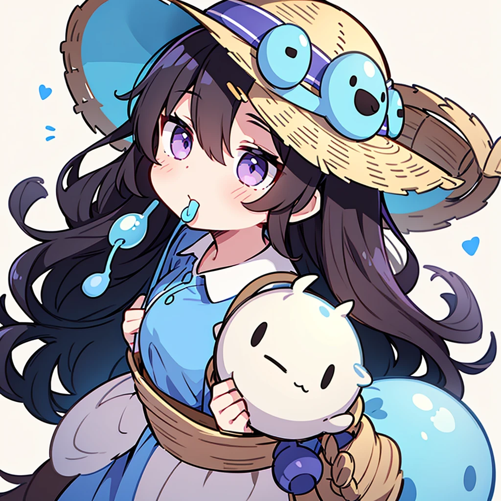 Girl,Upper Body,sideways,Hold your phone in both hands,Wear a brown straw hat,Black long curly hair,With a lollipop in mouth,Look back,Wearing white and blue ,Carrying a bamboo basket on the back,gorgeous,cute,Beige background,Decorated with light blue slime,big purple eyes