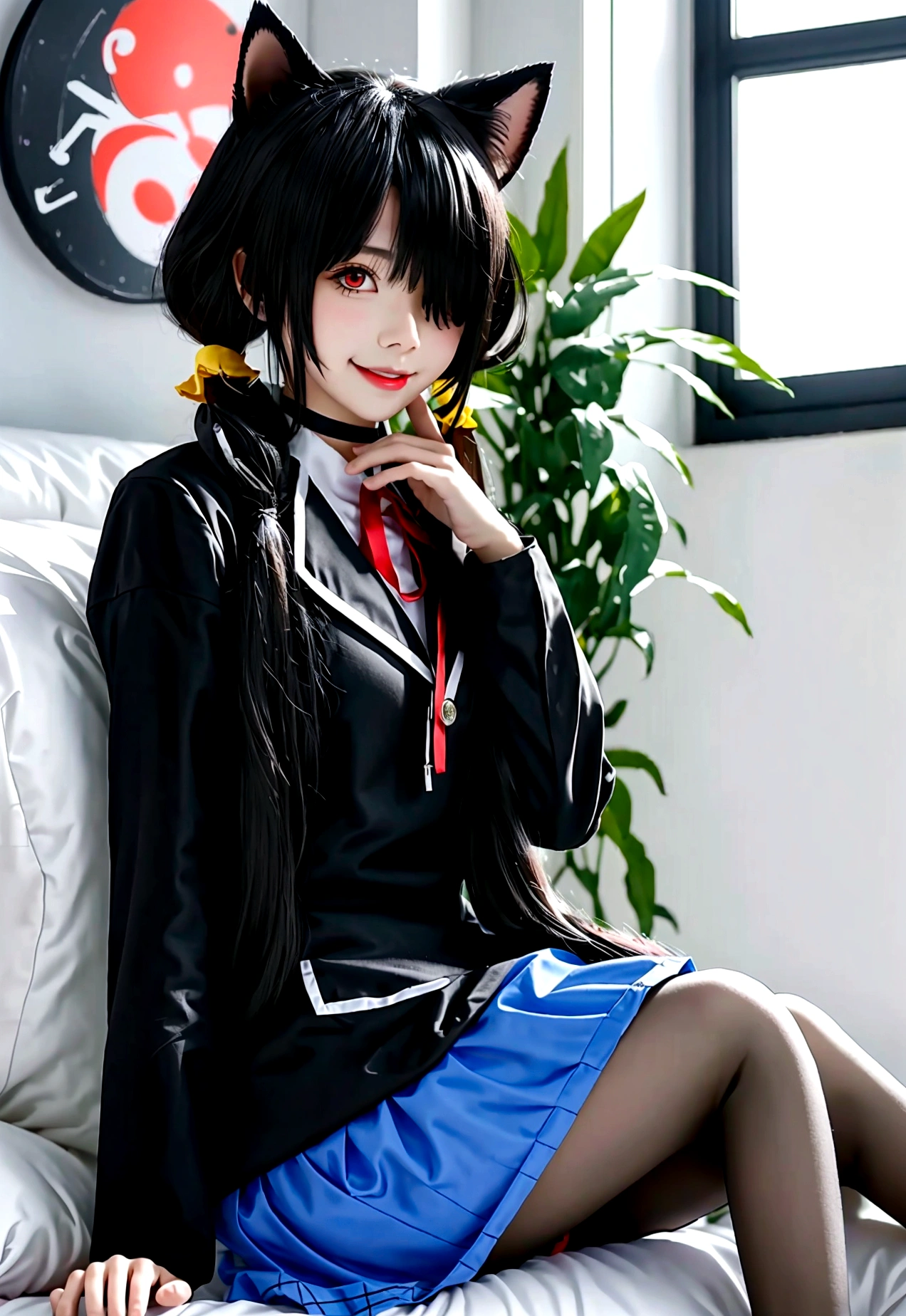 ultra-detailed,highly detailed,best quality,masterpiece,illustration,
The image is another digital artwork of an anime-style girl. She has twin ponytails and heterochromatic eyes, with one red and one yellow. She is wearing a black hoodie with cat ears and a white dress or long shirt underneath. The girl has a choker with a bell around her neck and a slightly blushing expression. She is sitting on a bed, with her knees drawn up and hands near her face, giving a shy or bashful appearance. In the background, there is a pillow with a cute, smiling cat face, and a potted plant can be seen near the window.