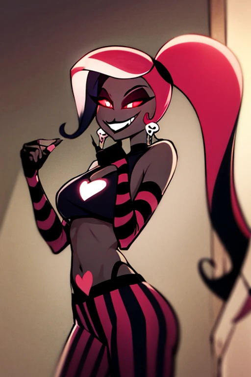 VelvetteHH, dark eyeshadow, white pupils, red sclera, pink hair, two-tone hair, twintails, long hair, skull earrings, colored skin, dark skin, fangs, black jacket, (black crop top:1.4), (crop top with heart design), bare shoulders, fingerless gloves, elbow gloves, (vertical striped pants:1.2), standing, smile, looking at viewer, indoors