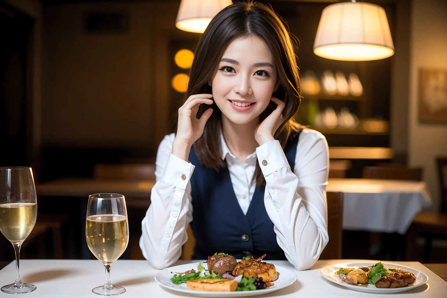 ((Highest quality、8K、masterpiece:1.3))、cute、slimカップル、modelカップル、(Realistic, Intricate details:1.2), full-course dinner、Wine Party、Amazing view of the sunset sky and clouds、A bright smile、The wonderfulness of smile、Bright image、The beauty of wine, Beautiful Face, blue eyes, The light shines on your face, Blushing, short hair,Bright Face、 (Age 37), age 34, red wine 、Appetizers、Italian food、Wine bottle、Champagne、sparkling wine、Two beauties、Brown Hair、Shortcuts、Long sleeve shirt、dress、Beautiful woman 1, (slimな顔), (The body is slim), (Brown Hair), (Shortcuts), cheeks turn a little red,Attractive beauty、restaurant, In a prominent place (From the waist up) Nova Frog Style, actress, model, Upper Body, White wine, slim, wine glass, 中央に置かれたwine glass, smile, (smile: 1.15), Beautiful fine grain, Depth f/2,saturation, High Contrast, Strong light and shadow,Moist Body:1.5、3D texture、Delicate eyes、Brown Hair、The hair is very shiny、
