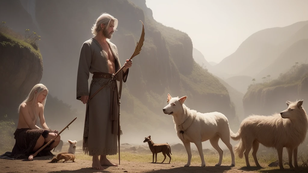 six naked womans in market, sit, stand, knree, lie, man, white hair, hairy torso, fantasy, intricate, elegant, highly detailed, digital painting, artstation, concept art, smooth, sharp focus, illustration , man, shepherd holding a stick, wandering, and dogs and birds, blood, dirty clothes, shepherd holding a stick,, white hair, hairy torso, fantasy, intricate, elegant, highly detailed, digital painting, artstation, concept art, smooth, sharp focus, illustration,