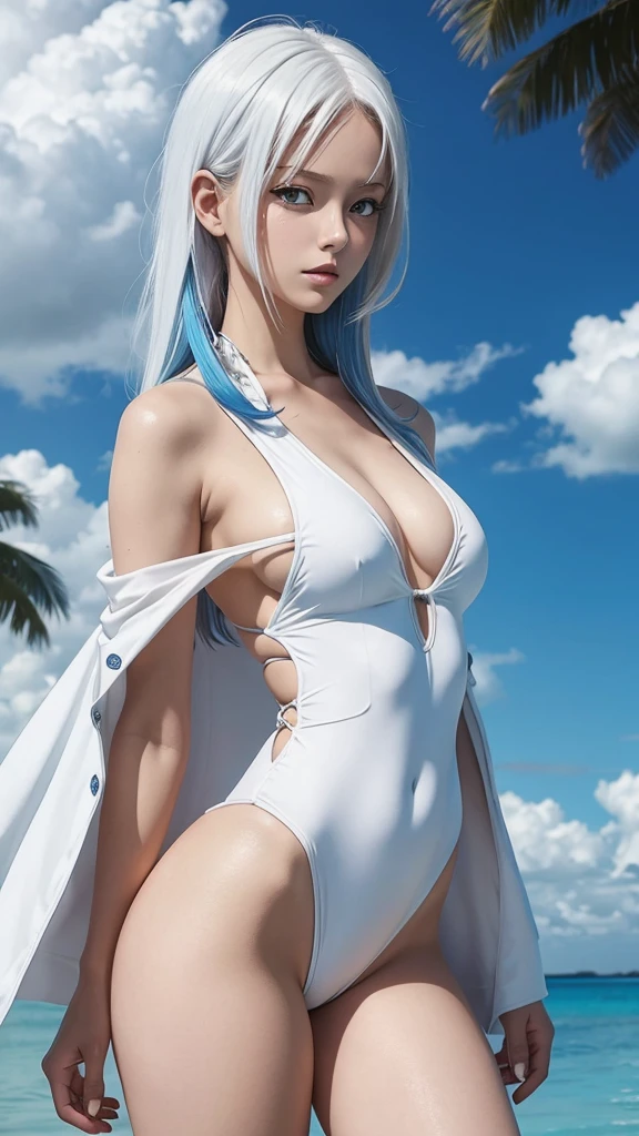 One piece anime, sexy woman, white extremely tight and very small one-piece swimsuit , white hair with blue highlights, NSFW,