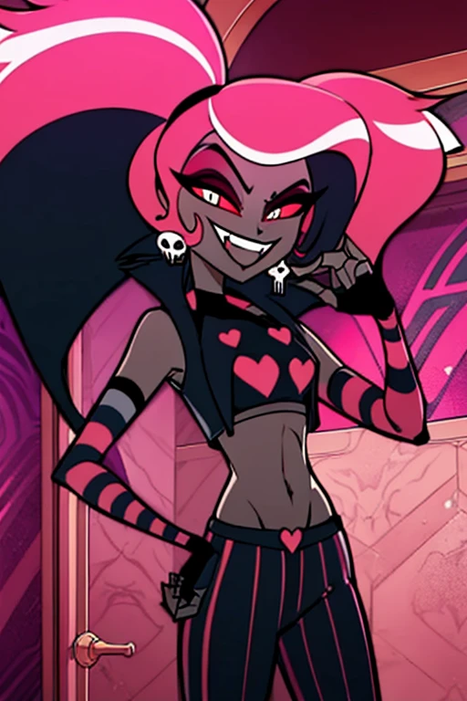 VelvetteHH, 1girl, solo, dark eyeshadow, white pupils, red sclera, pink hair, two-tone hair, twintails, long hair, skull earrings, colored skin, dark skin, fangs, black jacket, (black crop top:1.4), (crop top with heart design), bare shoulders, fingerless gloves, elbow gloves, (vertical striped pants:1.2), standing, smile, looking at viewer, indoors