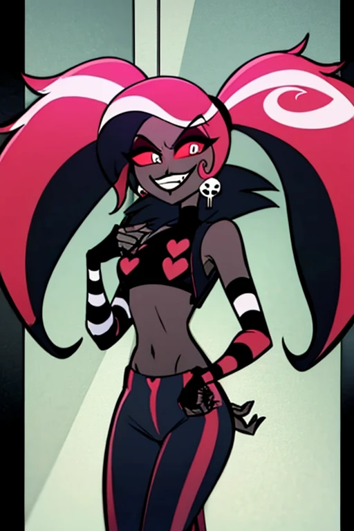 VelvetteHH, 1girl, solo, dark eyeshadow, white pupils, red sclera, pink hair, two-tone hair, twintails, long hair, skull earrings, colored skin, dark skin, fangs, black jacket, (black crop top:1.4), (crop top with heart design), bare shoulders, fingerless gloves, elbow gloves, (vertical striped pants:1.2), standing, smile, looking at viewer, indoors