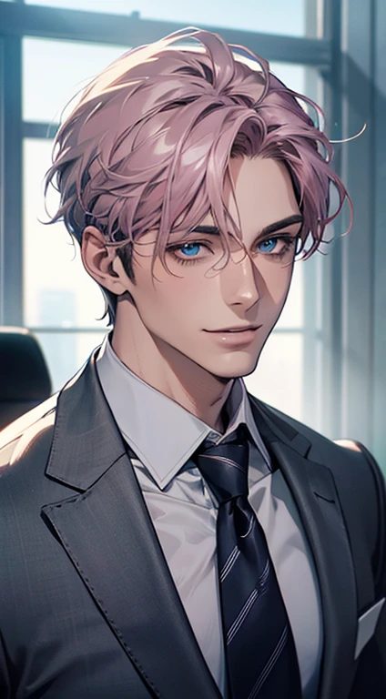 (Highest quality,4K,8K,High resolution,masterpiece:1.2),Super detailed,(Realistic,photoRealistic,photo-Realistic:1.37),1 person,31 years old,Mature Men,Beautiful skin、very handsome,Expressionless,smile,Short gray pink hair,blue eyes,Sharp Eyes,A perfect face without a doubt,Businessman,Office Background,Cinema Lighting,HDR image,tie、