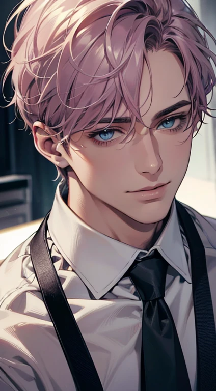 (Highest quality,4K,8K,High resolution,masterpiece:1.2),Super detailed,(Realistic,photoRealistic,photo-Realistic:1.37),1 person,31 years old,Mature Men,Beautiful skin、very handsome,Expressionless,smile,Short gray pink hair,blue eyes,Sharp Eyes,A perfect face without a doubt,Businessman,Office Background,Cinema Lighting,HDR image,tie、