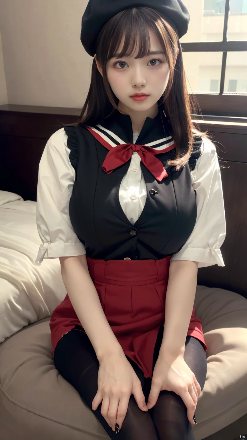 (absurdres:1.3), (highres:1.3), (ultra detailed:1.3),(1girl:1.3), (extremely detailed CG unity 8k wallpaper:1.3), (detailed skin texture, detailed cloth texture, detailed hair texture), (beautiful detailed face, supermodel, pale skin, realistic glistening skin), (RAW photo, best quality), (realistic, photo-realistic:1.4), masterpiece, extremely delicate and beautiful,Amazing, finely detail, extremely detailed CG unity 8k wallpaper, huge filesize, ultra-detailed, highres, absurdres, soft light,rim light, vibrant details, hotel room, straight hair, large breasts, black hair color, Big Natural Color Lip, (perfect body shape), beautiful legs, BREAK (black and red theme:1.4), (black sundress:1.5), (black sailor collar:1.4), ((short sleeve, bishop-sleeve):1.3), (black beret with white ribbon:1.4), (red tie:1.3), (double-breasted on (dress, skirt):1.3), ((red ribbon, white large-button):1.3), (red line on dress:1.2),
BREAK ((dark-brown pantyhose, loafers):1.2), crying a little、Harajuku style、20 year old girl、cute type、lolita、