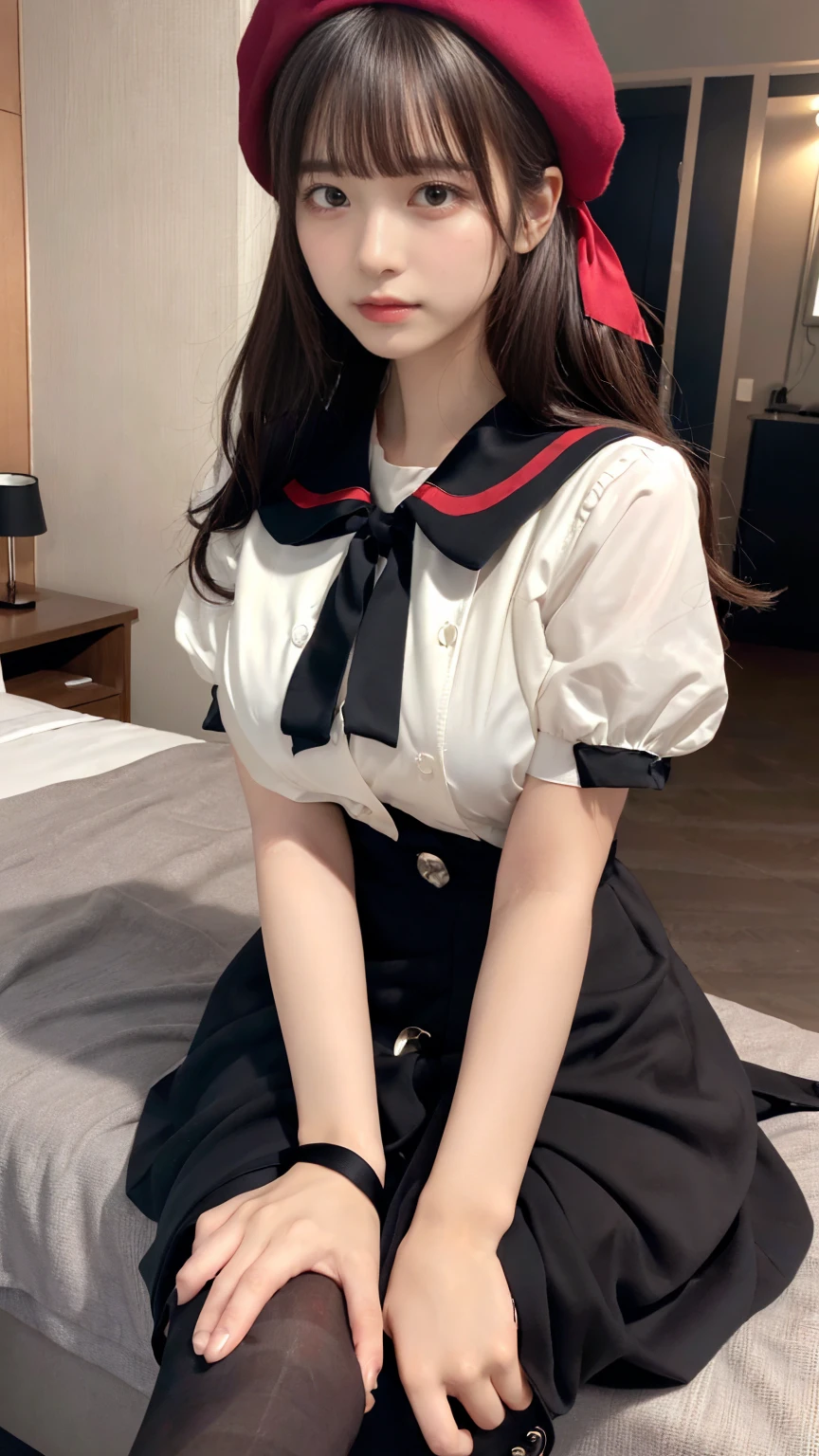 (absurdres:1.3), (highres:1.3), (ultra detailed:1.3),(1girl:1.3), (extremely detailed CG unity 8k wallpaper:1.3), (detailed skin texture, detailed cloth texture, detailed hair texture), (beautiful detailed face, supermodel, pale skin, realistic glistening skin), (RAW photo, best quality), (realistic, photo-realistic:1.4), masterpiece, extremely delicate and beautiful,Amazing, finely detail, extremely detailed CG unity 8k wallpaper, huge filesize, ultra-detailed, highres, absurdres, soft light,rim light, vibrant details, hotel room, straight hair, large breasts, black hair color, Big Natural Color Lip, (perfect body shape), beautiful legs, BREAK (black and red theme:1.4), (black sundress:1.5), (black sailor collar:1.4), ((short sleeve, bishop-sleeve):1.3), (black beret with white ribbon:1.4), (red tie:1.3), (double-breasted on (dress, skirt):1.3), ((red ribbon, white large-button):1.3), (red line on dress:1.2),
BREAK ((dark-brown pantyhose, loafers):1.2), crying a little、Harajuku style、20 year old girl、cute type、lolita、