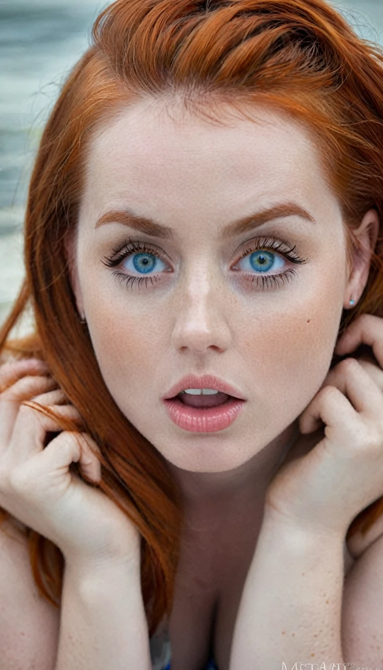 hot girl, Orange hair, Blue eyes, down on my knees, Beautiful redhead, SCARED REDHEAD , tired redhead, exhausted redhead detailed face 