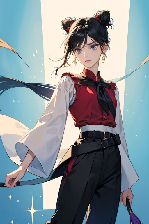 Eagle Miraculous holder is a slender woman of average height with medium-length black hair with blue reflections that is seen tied back in Odango-style twin buns similar to when Marinette transforms into Multimouse. Eagle Miraculous holder was wearing a red blouse with white trim, which she tied at the waist with a white belt. In addition, she wore black loose trousers and beige high boots. SPARKLE; GLITTER;