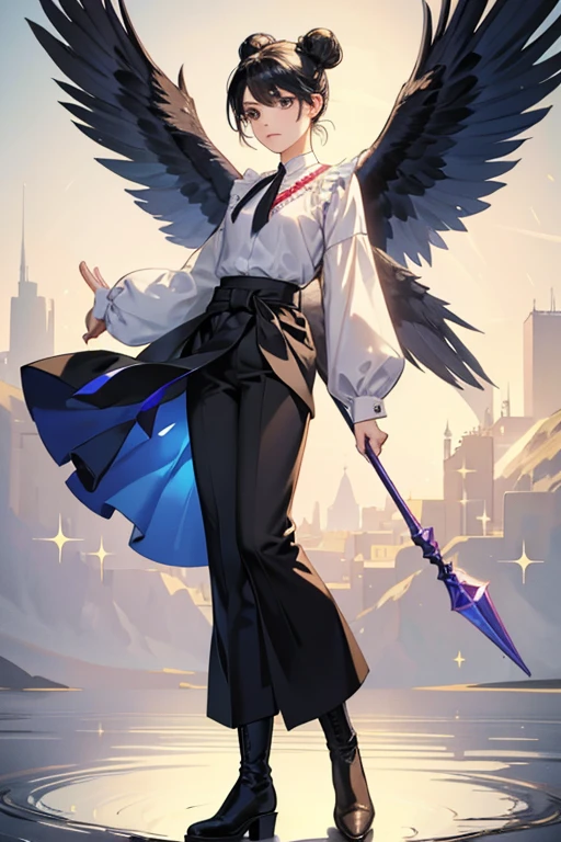 Eagle Miraculous holder is a slender woman of average height with medium-length black hair with blue reflections that is seen tied back in Odango-style twin buns similar to when Marinette transforms into Multimouse. Eagle Miraculous holder was wearing a red blouse with white trim, which she tied at the waist with a white belt. In addition, she wore black loose trousers and beige high boots. SPARKLE; GLITTER;
