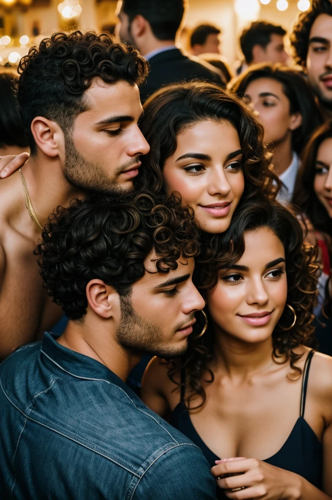 Young man with curly hair kissing a woman at a party surrounded by people