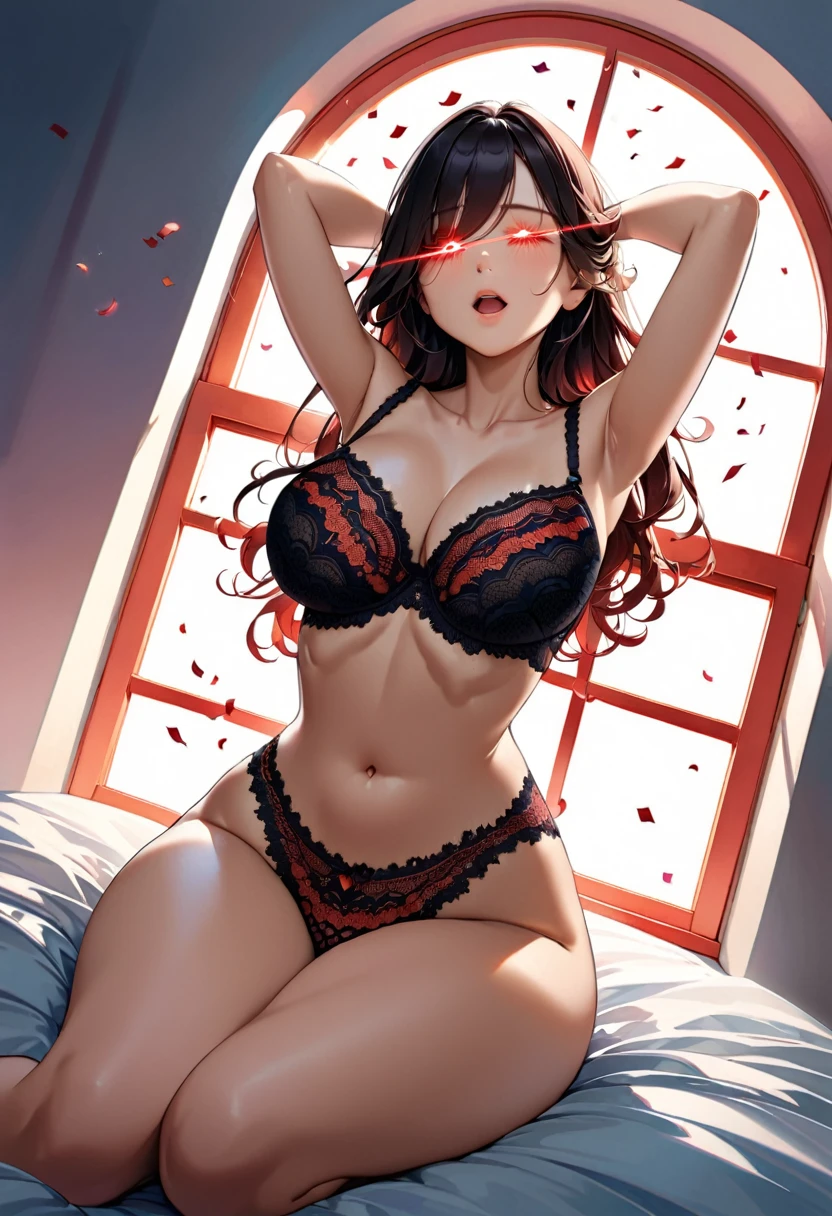detailed illustration, (front view), (side view),dynamic angle, ultra-detailed, illustration, clean line art, shading, anime, detailed eyes, detailed face, beautiful face, dramatic lighting, detailed illustration, dynamic angle, ultra-detailed, illustration, (single woman: 1.8), masterpiece, masterwork, beautiful, (1 woman:1.8),
Woman, waking up, (in a tight black lacy bra: 1.5), (tight black lace panties: 1.5), long flowing hair , stretching arms, yawning, eyes wide open, (laser eyes red: 1.5), (lots of red confetti falling: 1.8), very large breasts, narrow waist, wide hips, thick jiggly thighs, sitting on bed in front of a window.