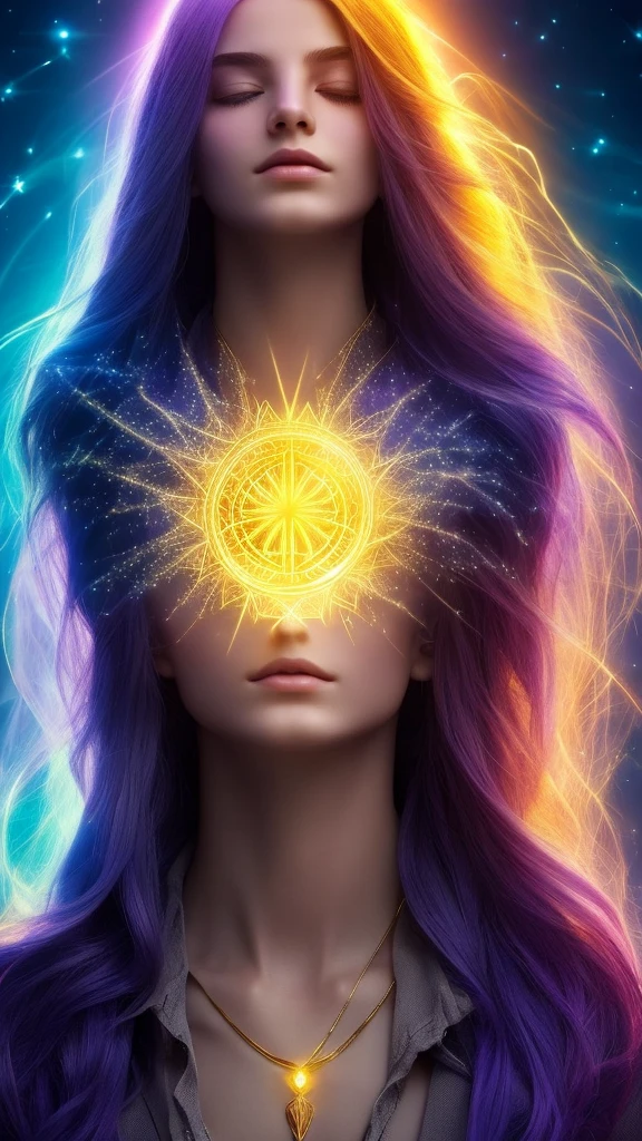 Visualize an ethereal figure, with a majestic and serene bearing, emanating a soft, golden light. Its height is indeterminable, appearing at the same time immense and close. The skin is a pale golden tone, almost translucent, radiating a heavenly calm. your eyes are like stars, infinitely deep and bright, changing color with a spectrum ranging from blue to violet. The hair is long and flows around the head, shining like strands of pure light. His clothes are shining white, decorated with ancient symbols that seem alive, pulsating with a mystical energy. quando fala, your voice is melodious and resonant, capable of transmitting peace and authority at the same time. Around her, there is an aura of power and tranquility, causing anyone who approaches to feel a deep sense of awe and comfort. In short, a god!