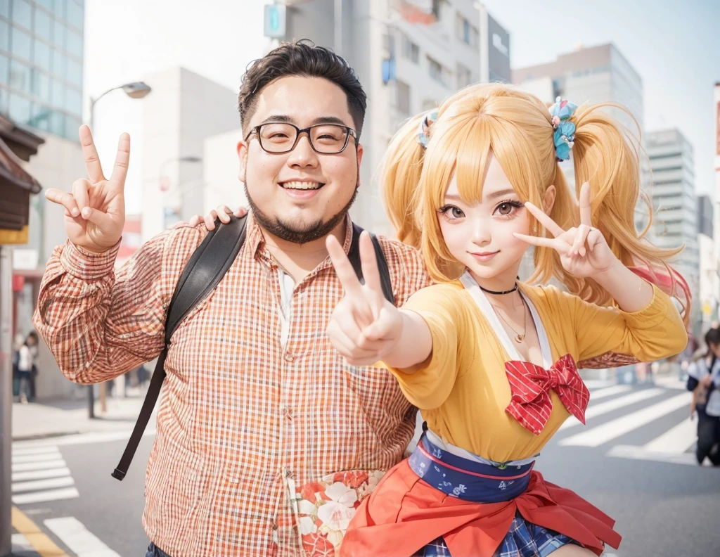 A very fat Japanese otaku and a gal making peace signs