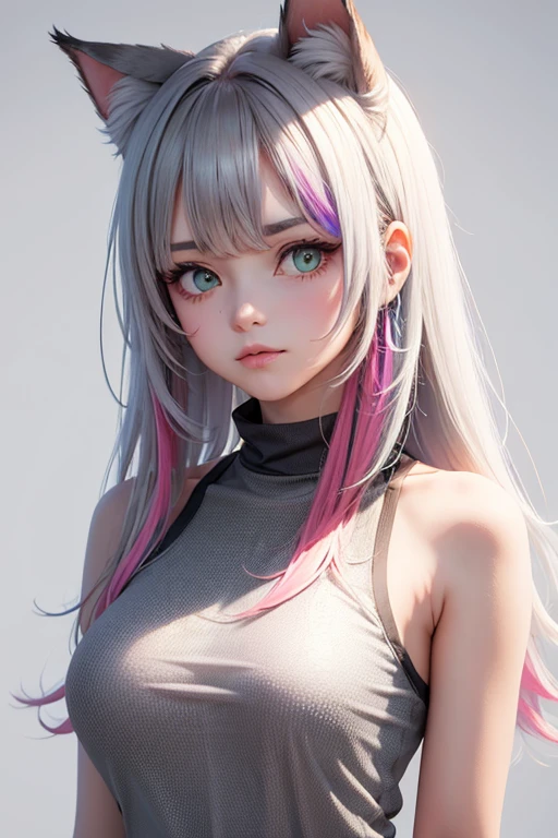 1girl, animal_ear_fluff, animal_ears, bangs, bare_shoulders, black_hair, blush, breasts, cat_ears, closed_mouth, eyebrows_visible_through_hair, green_eyes, grey_background, hair_between_eyes, karyl_(princess_connect!), long_hair, looking_at_viewer, medium_breasts, multicolored_hair, shirt, simple_background, sleeveless, sleeveless_shirt, solo, upper_body, white_background, white_shirt, 