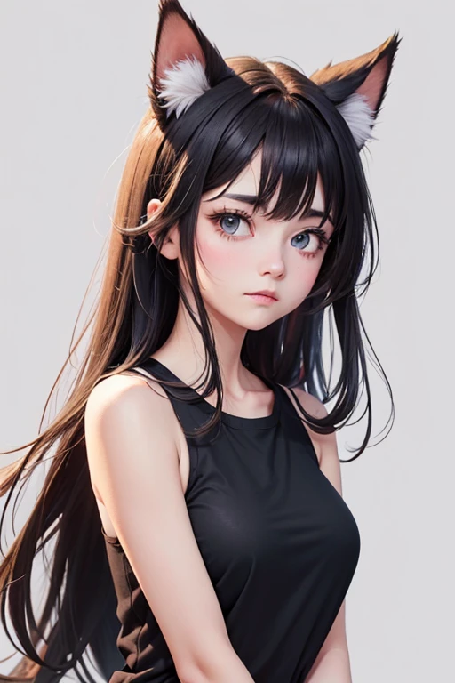 1girl, animal_ear_fluff, animal_ears, bangs, bare_shoulders, black_hair, blush, breasts, cat_ears, closed_mouth, eyebrows_visible_through_hair, green_eyes, grey_background, hair_between_eyes, karyl_(princess_connect!), long_hair, looking_at_viewer, medium_breasts, multicolored_hair, shirt, simple_background, sleeveless, sleeveless_shirt, solo, upper_body, white_background, white_shirt,