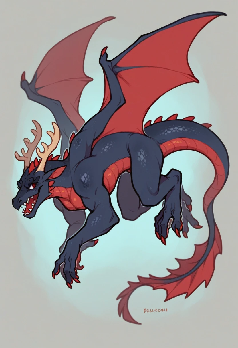 Make me a black dragon and red eyes, he must be flying, its two huge wings in the sky and with its jaw open, he has to be extremely scary and horrendous: Dragons are covered in scales, as well as spines that run down its back from head to tail. Particularly large ridges of antlers frame the edges of their faces., running along the back of the skull and along the jawline, that grow as they mature. Adult dragons have two sets of ruffles that run along the back of their necks and spine., two along the sides of their necks and another two centered closer to the backbone, for a total of four ruffles. These are formed by webs that grow between longer spines.